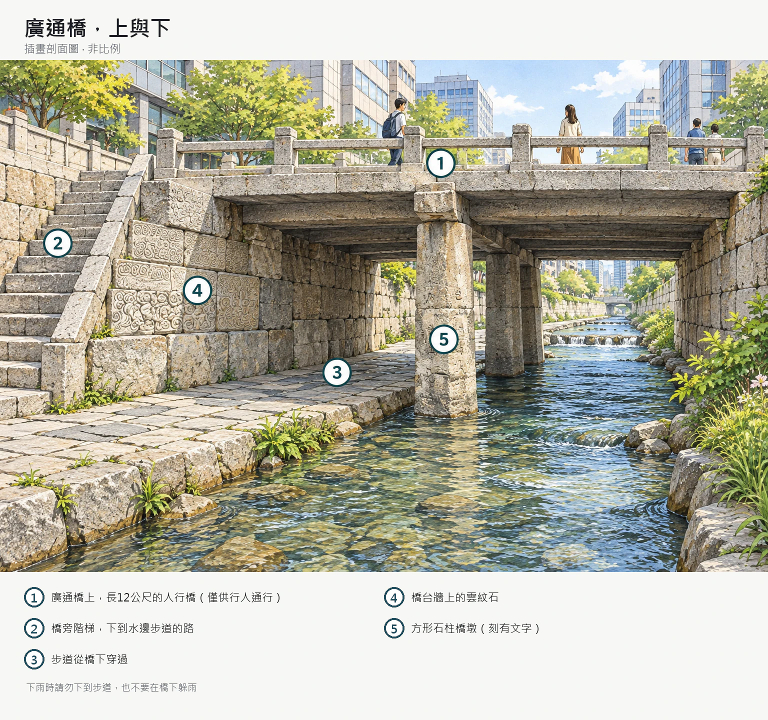 廣通橋剖面插圖，以編號圖釘區分橋上步行空間、橋旁階梯、水邊步道、嵌有雕刻石材的橋台與方形石柱橋墩