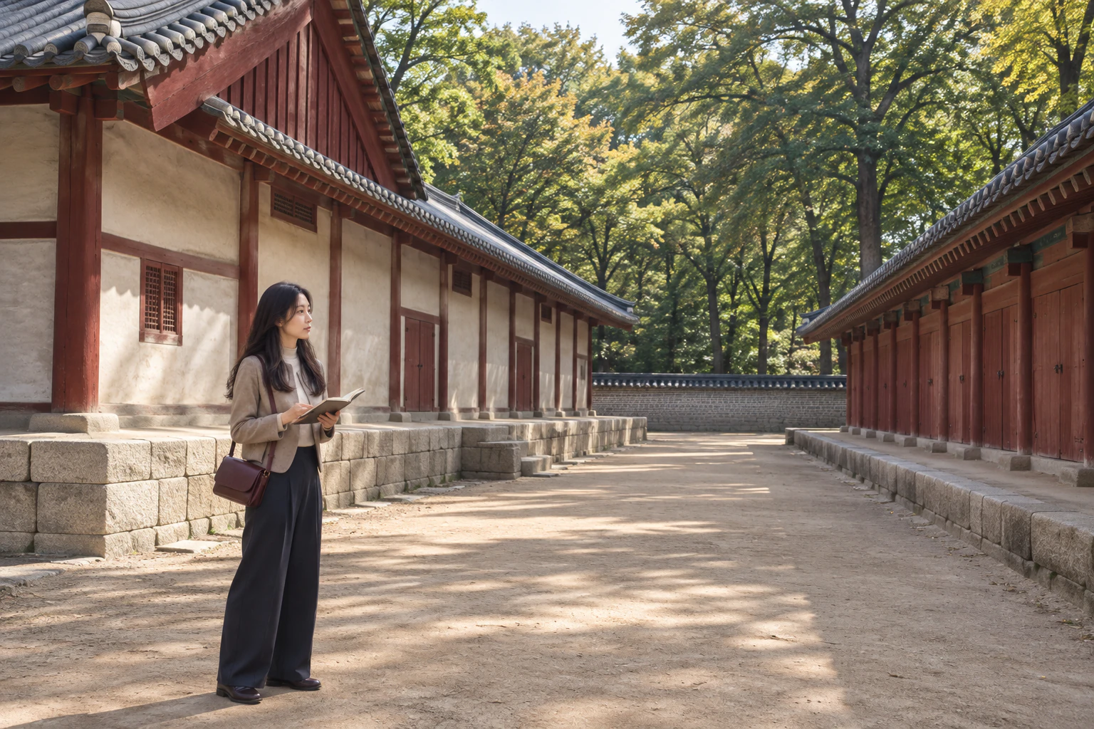 한쪽은 박공이 보이는 건물, 다른 쪽은 낮고 긴 행각인 좁고 긴 흙 뜰의 한쪽 끝에서 수첩을 든 여성이 뜰 끝을 바라보는 옆모습. 편집 이미지.