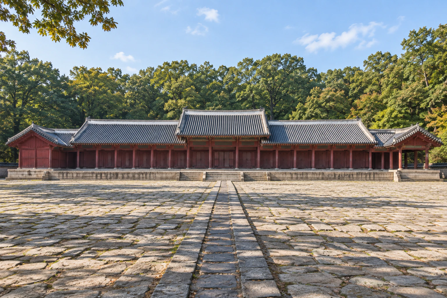 넓은 돌 마당 너머 붉은 기둥의 긴 단층 건물, 가운데 부분만 지붕이 한 단 높다. 사람 없음. 편집 이미지.