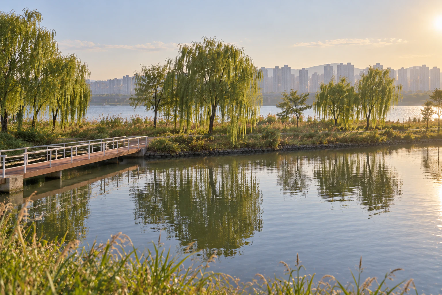 Late afternoon, looking from a riverbank across calm water to a low, flat islet. A short, low footbridge crosses the water, weeping willows hang along the islet’s edge, and beyond lie the wide river and distant apartment blocks on the far bank. No people. No text. Editorial image.