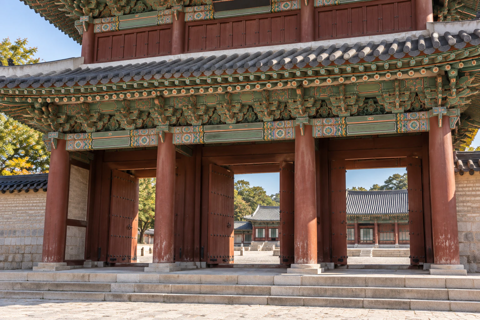 The three lower bays of a palace main gate, each with a pair of red doors, small plank doors in the upper storey, and a roof that looks like a trapezoid from the front. No people. Editorial image.