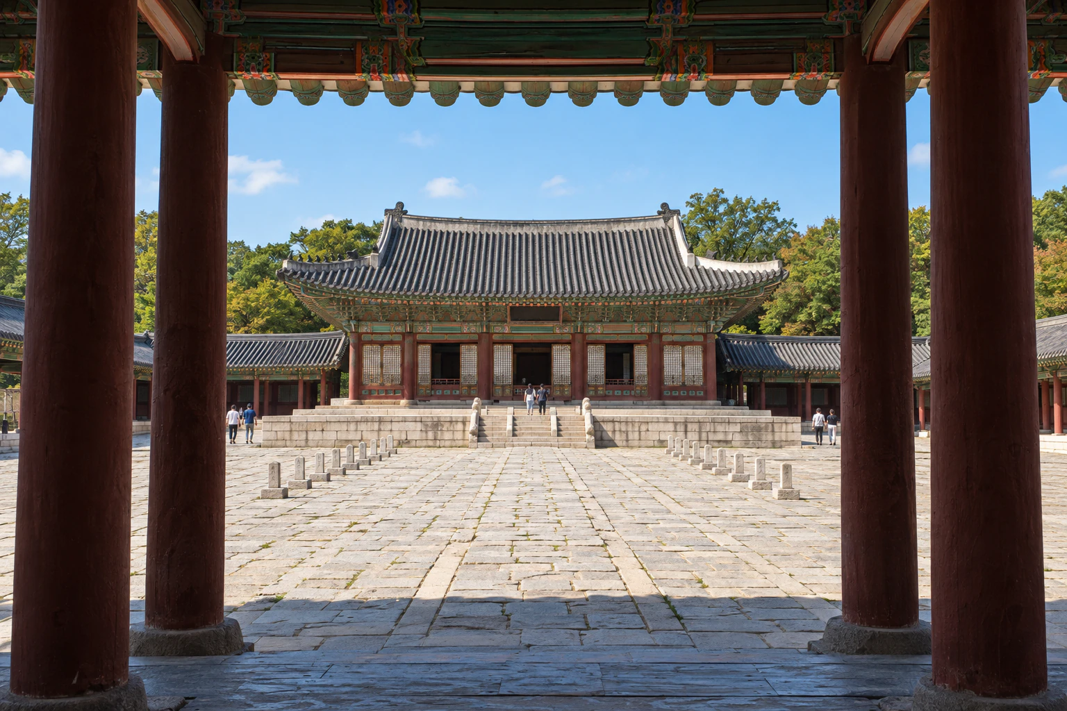 Through the columns of a gate, a wide stone courtyard and at its far end a single-storey palace hall with one roof. Name board unreadable. Editorial image.