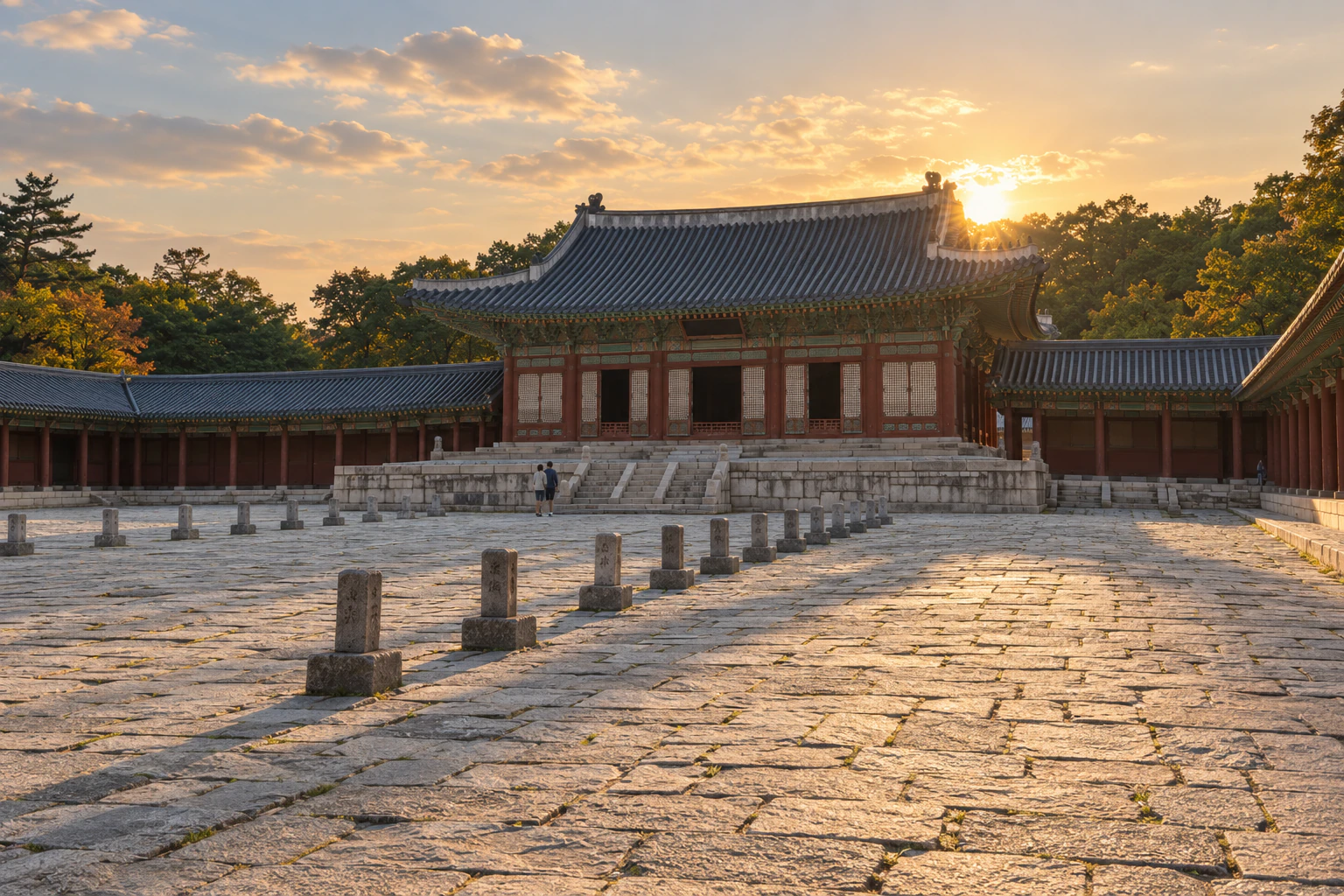 A single-storey palace hall in late-afternoon light, the sun behind its roof and its front in shade, long shadows across the stone courtyard. People only small and distant. Editorial image.