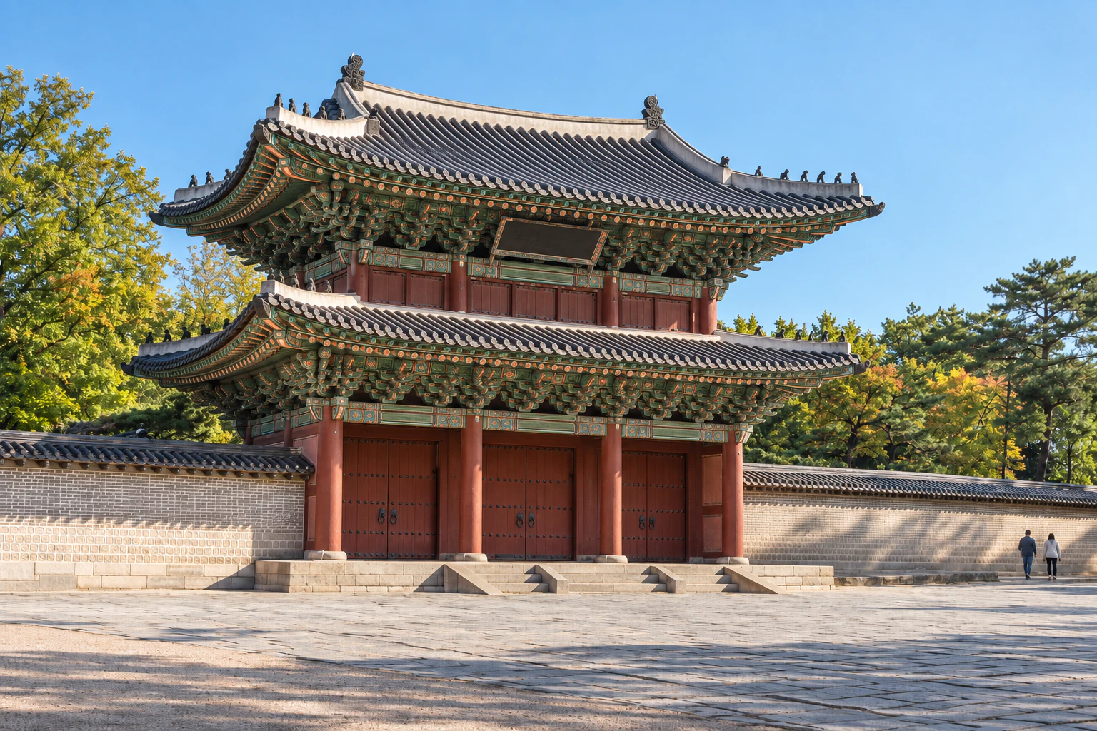 A palace main gate in full morning light: red columns and doors on a stone base under a two-storey roof. The name board is unreadable; people only small and distant. Editorial image.