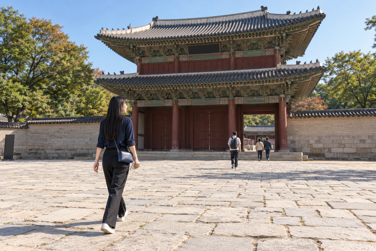 A woman with straight long black hair and a navy overshirt walks along the pavement towards a palace main gate, seen from a rear three-quarter angle. Signs unreadable. Editorial image.
