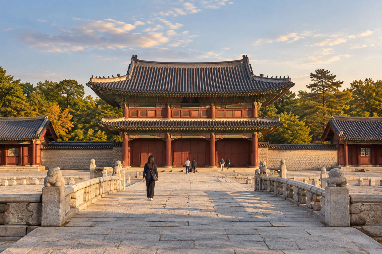 A very small figure of a woman seen from behind, walking towards the main gate at the end of a palace courtyard in late-afternoon light. Editorial image.