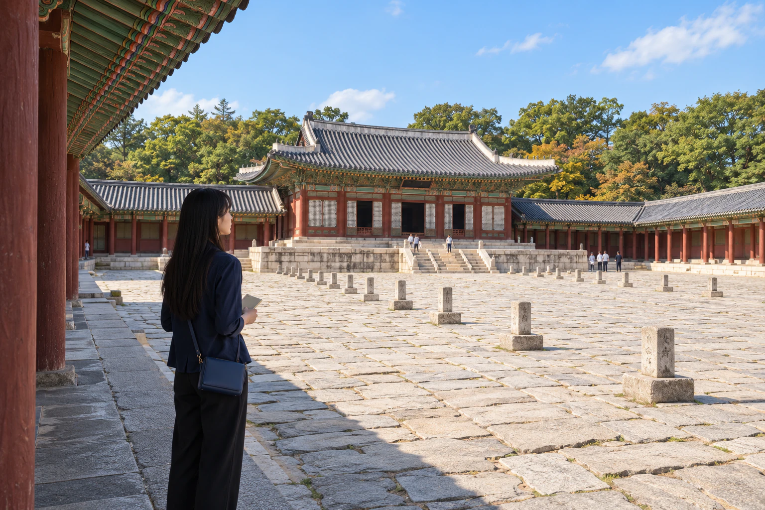 A woman standing at the edge of a wide stone courtyard, looking at a single-storey palace hall, seen from a rear three-quarter angle and small in the frame. Editorial image.