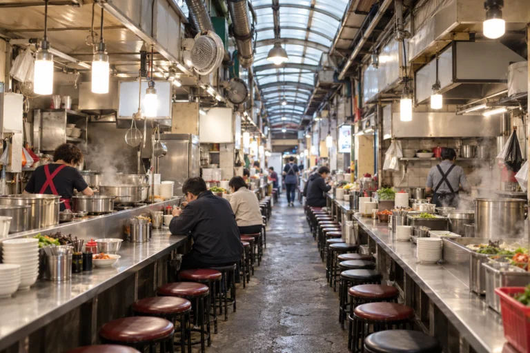 南大門市場、カルグクス路地から始まる、食べもの路地をつなぐ一本の線 — ルルが会賢駅5番出口から歩いて入り、カルグクス路地の長い台をのぞき込み、タチウオの煮付け路地と1414本市場を抜けて、日が暮れるころまで友だちに渡す「一本線」を選ぶ一日