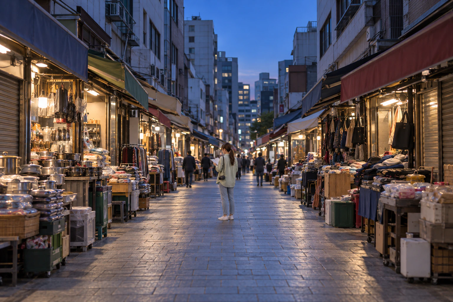 日暮れの市場の路地の端に、ごく小さく立つ女性の後ろ姿。両側に続く商店と石畳の道。編集画像。