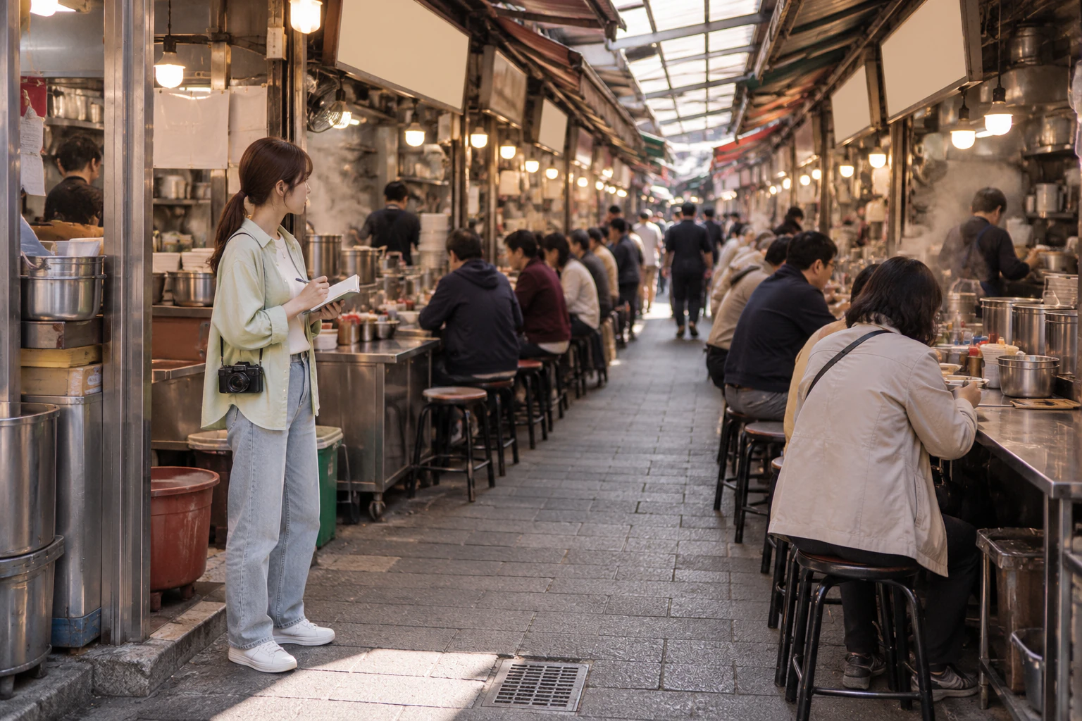 屋根のかかった路地の入口の端に立ち、手帳を手に長い台のほうをのぞく女性の横姿、全身。手に食べものは持っていない。編集画像。