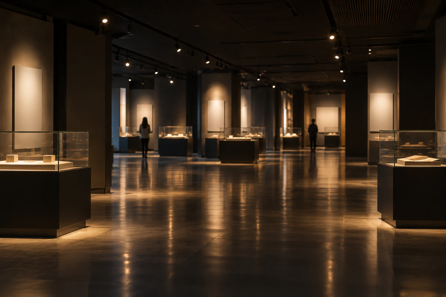 昏暗的現代地下展示廳，模糊的展示櫃和空白展板，遠處燈光下隱約可見大型船隻模型的一部分。人很小，看不到臉。沒有放入文字。編輯圖片。
