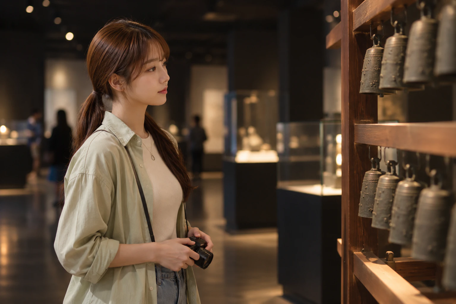 在昏暗展示室裡，站在木架上模糊的青銅鐘前、手拿相機凝視的女性側面，腰部以上。沒有使用閃光燈。編輯圖片。