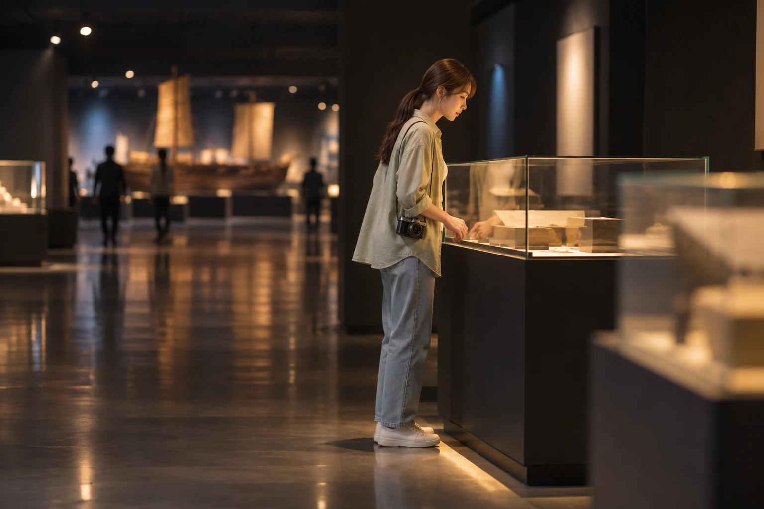 在昏暗展示廳裡端詳展示櫃的女性全身，遠遠的後方只看得到船隻模型模糊的形體。編輯圖片。
