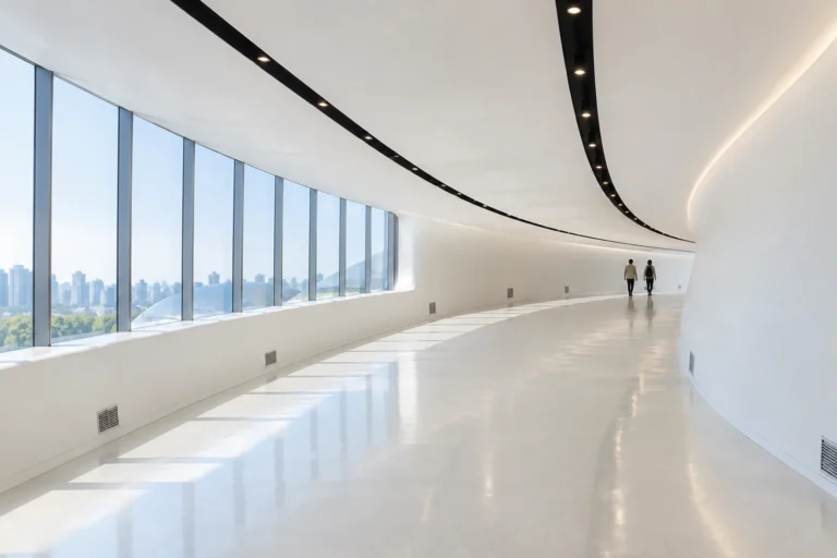 DDP: An Afternoon on a 533-Metre White Ramp — Maya goes in at the Museum from Exit 1 of Dongdaemun History & Culture Park Station, walks the gentle slope of the Design Dulegil, crosses the Miraero bridge to sit among the magazines in the Design Lab, and comes back out onto the bridge after sunset