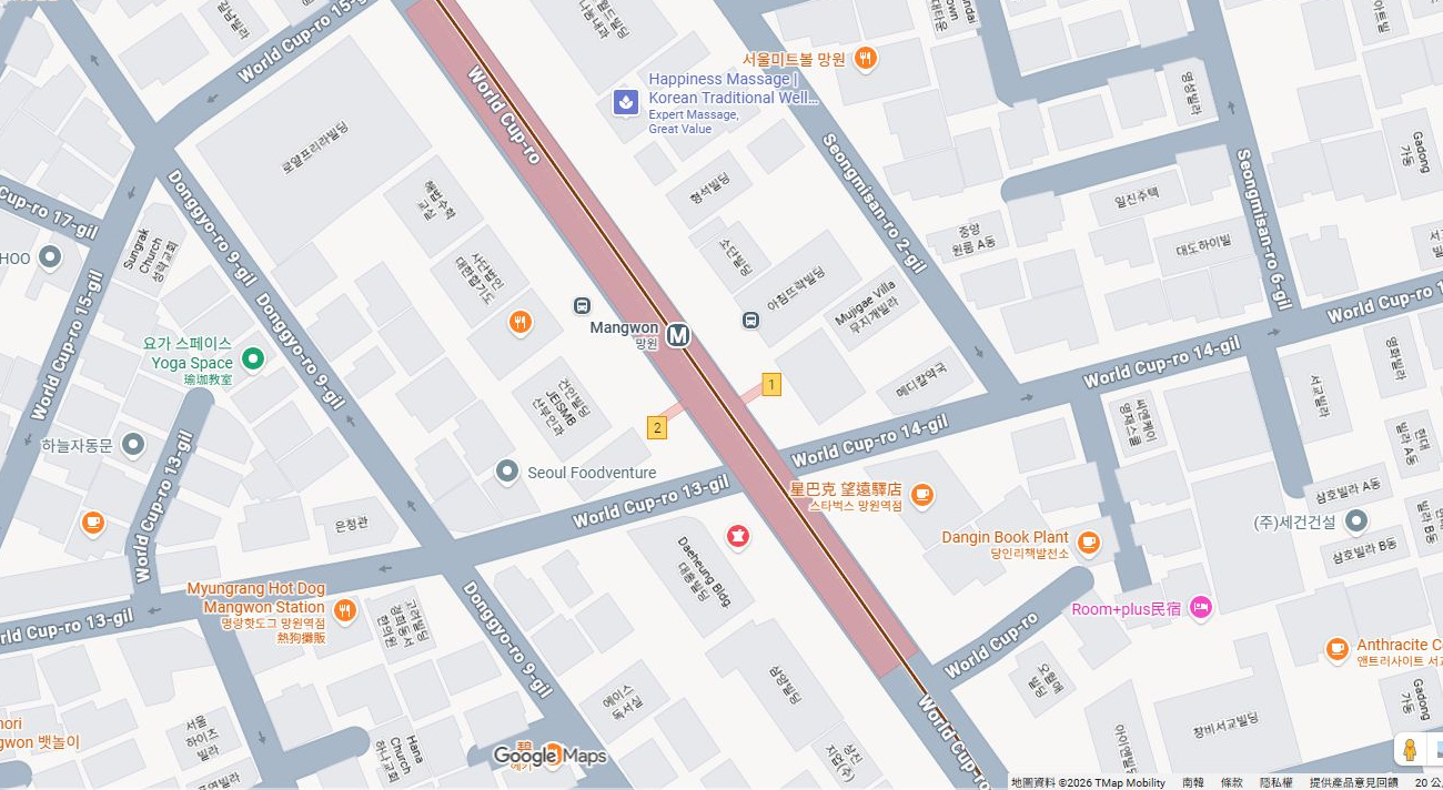 望遠站2號出口周邊的 Google 地圖,紅色圖釘標出文中介紹的出口。