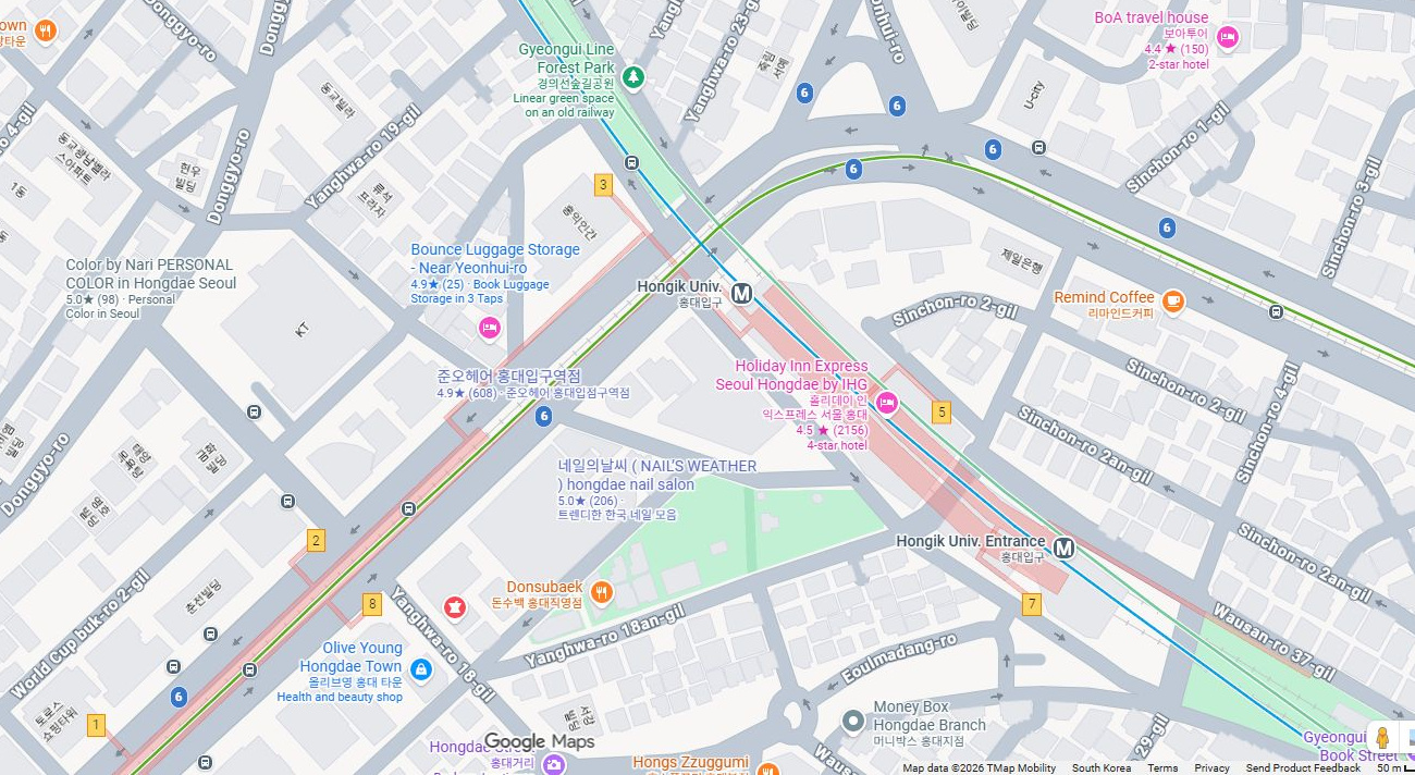 Google Maps around Hongik Univ. Station. Red marker indicates Exit 7.