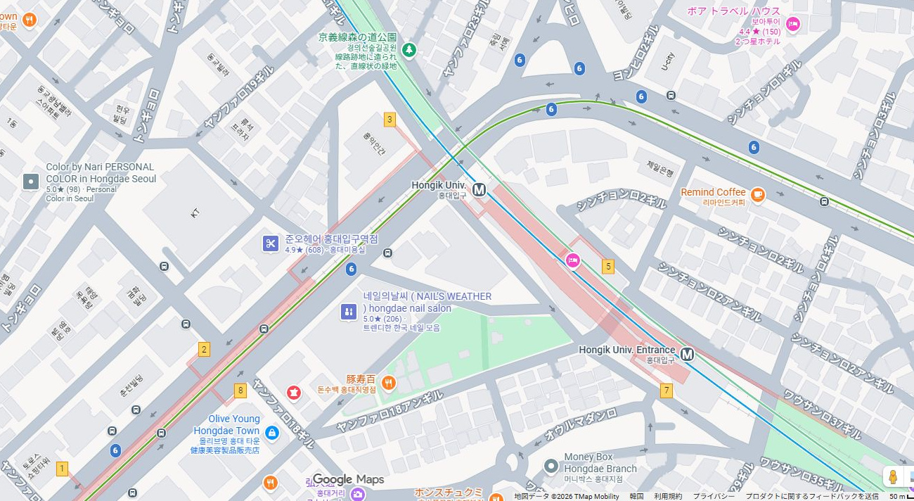 ホンデイック駅3番出口周辺の Google マップ。赤いピンが案内する出口を示しています。