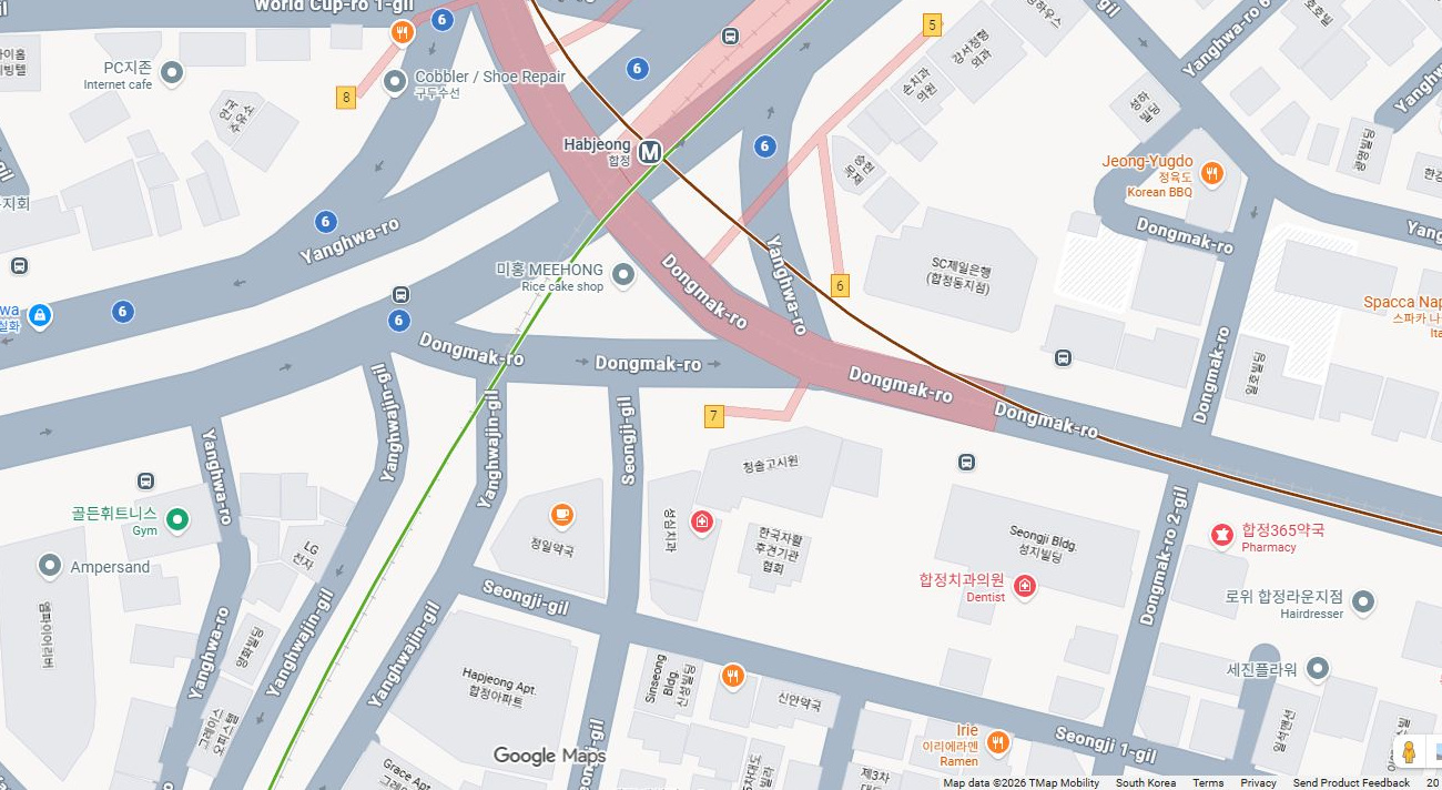 Google Maps around Hapjeong Station. Red marker indicates Exit 7.