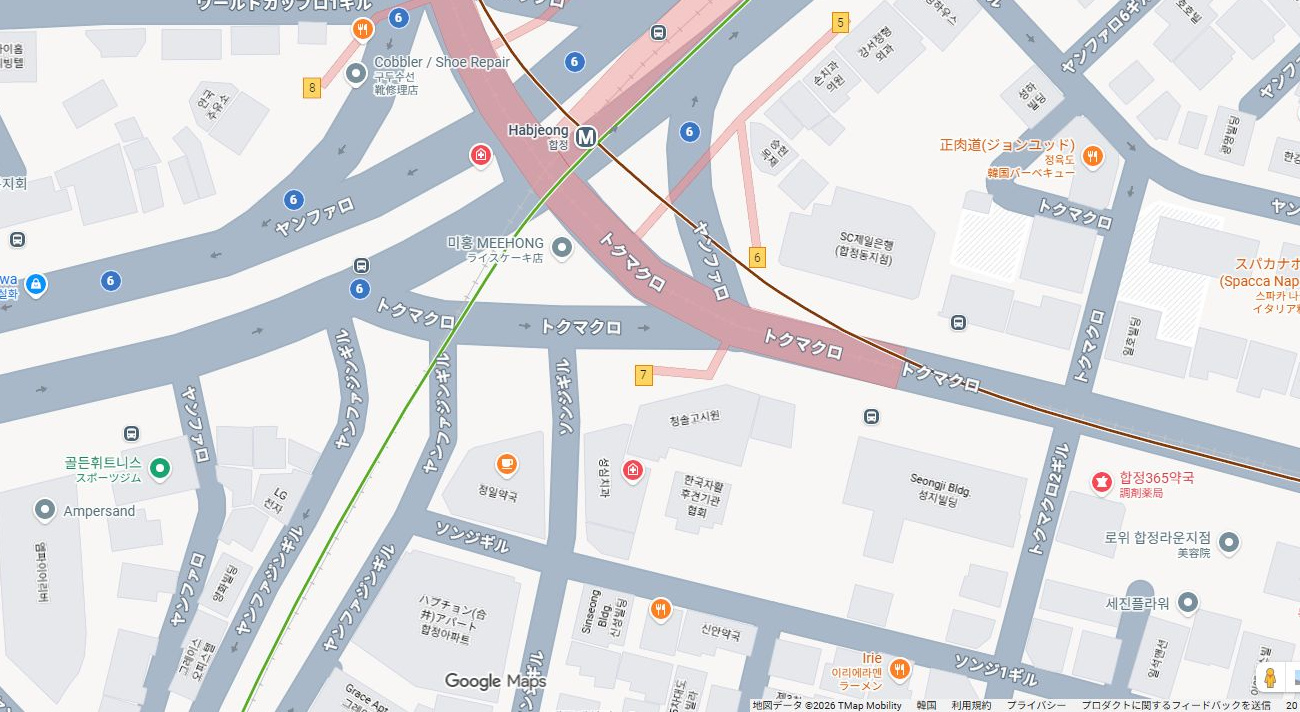 ハプチョン駅7番出口周辺の Google マップ。赤いピンが案内する出口を示しています。