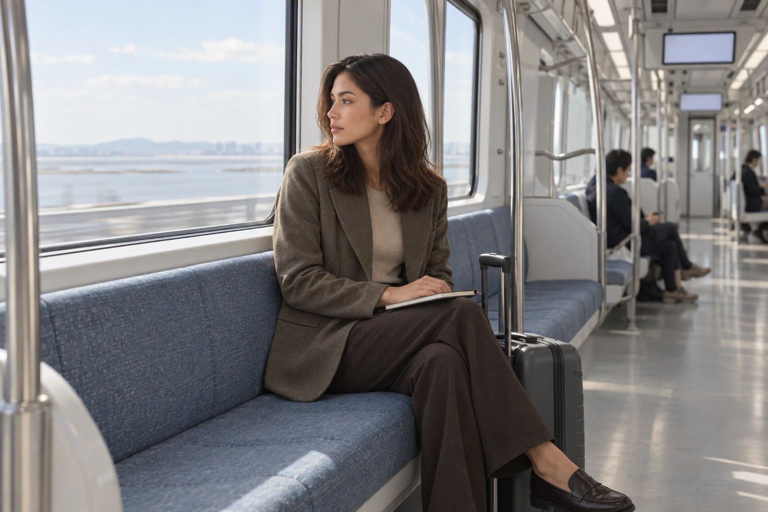 列車の窓側の席に座って外を眺める女性、膝の上に手帳。編集画像。