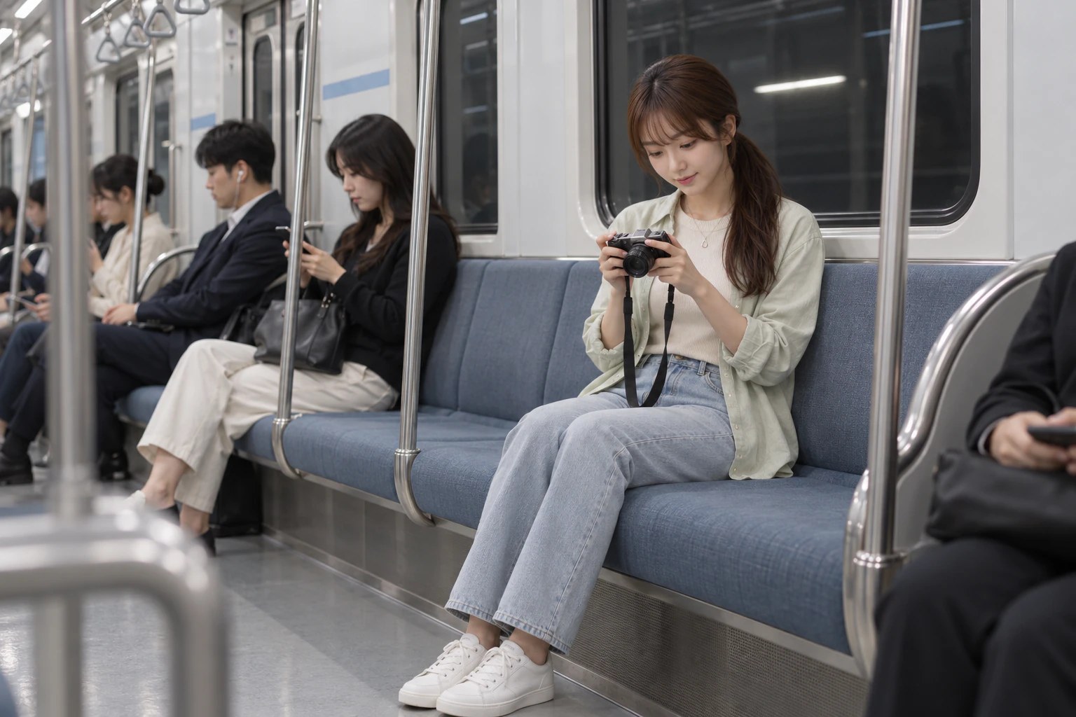 지하철 객실 좌석에 앉아 카메라 화면을 내려다보는 여성. 편집 이미지.