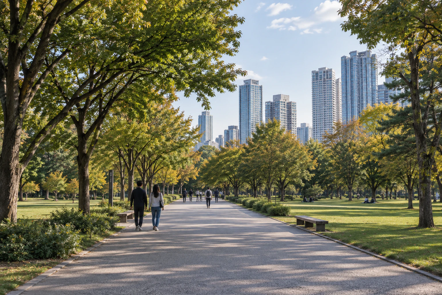 A broad, straight park path between wide lawns, tall trees in early-autumn colour on both sides and tall city buildings in the distance. No text. Editorial image.