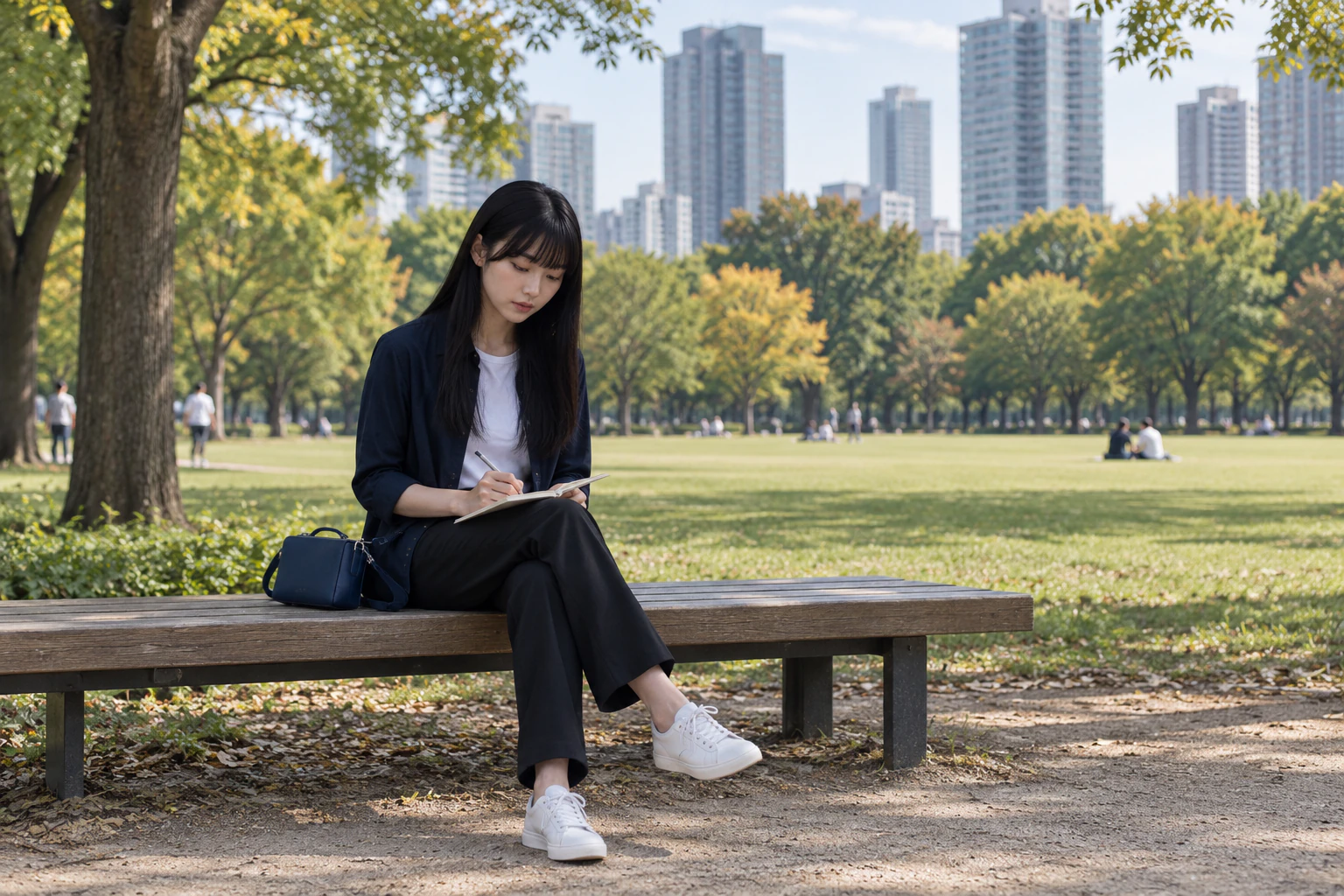 A woman with long straight black hair sits on a park bench writing in a notebook on her knee. Editorial image.