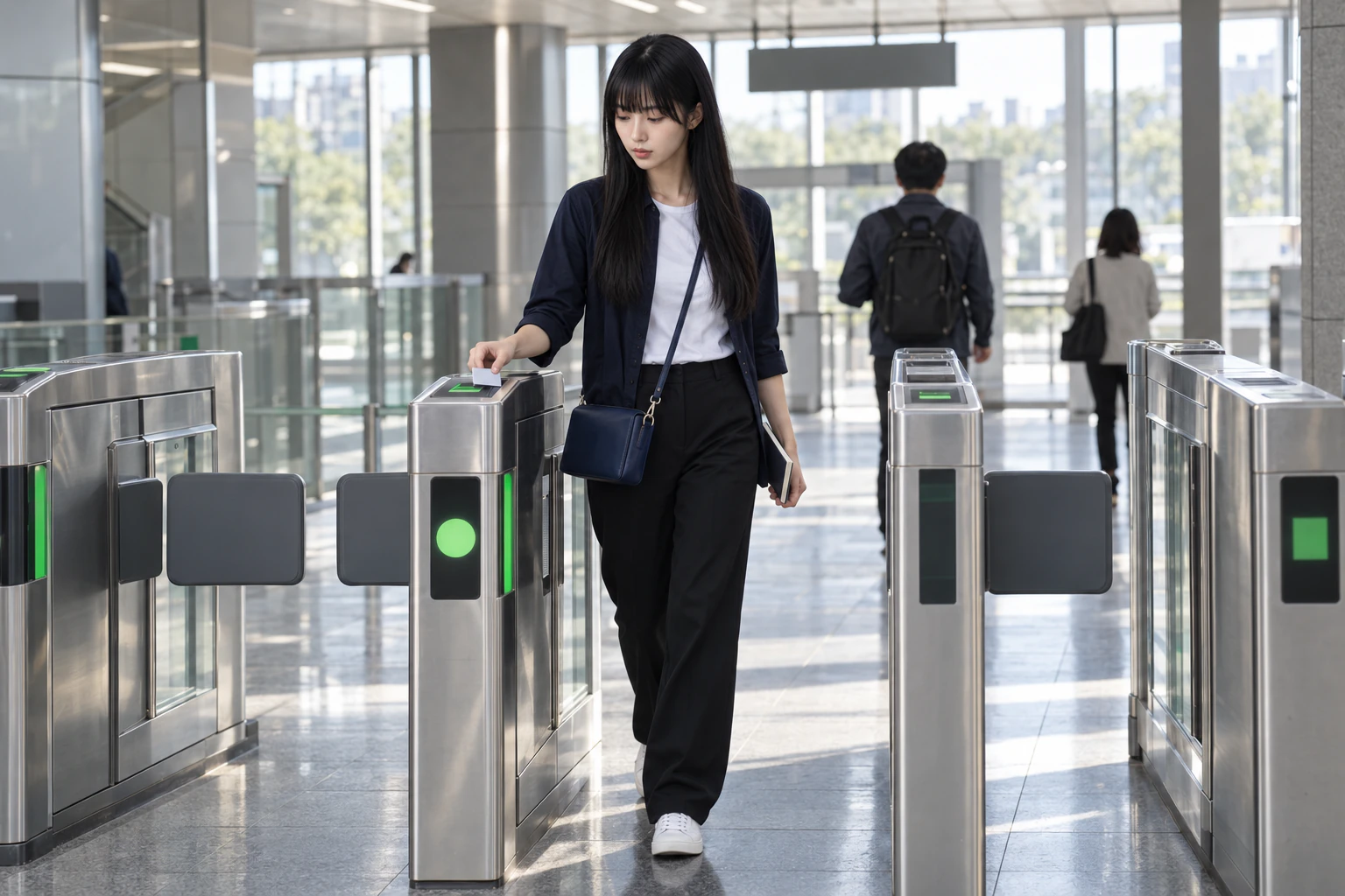 A woman tapping a card at a stainless-steel gate in a concourse lit by daylight from large windows, a crossbody bag at her hip. Editorial image.
