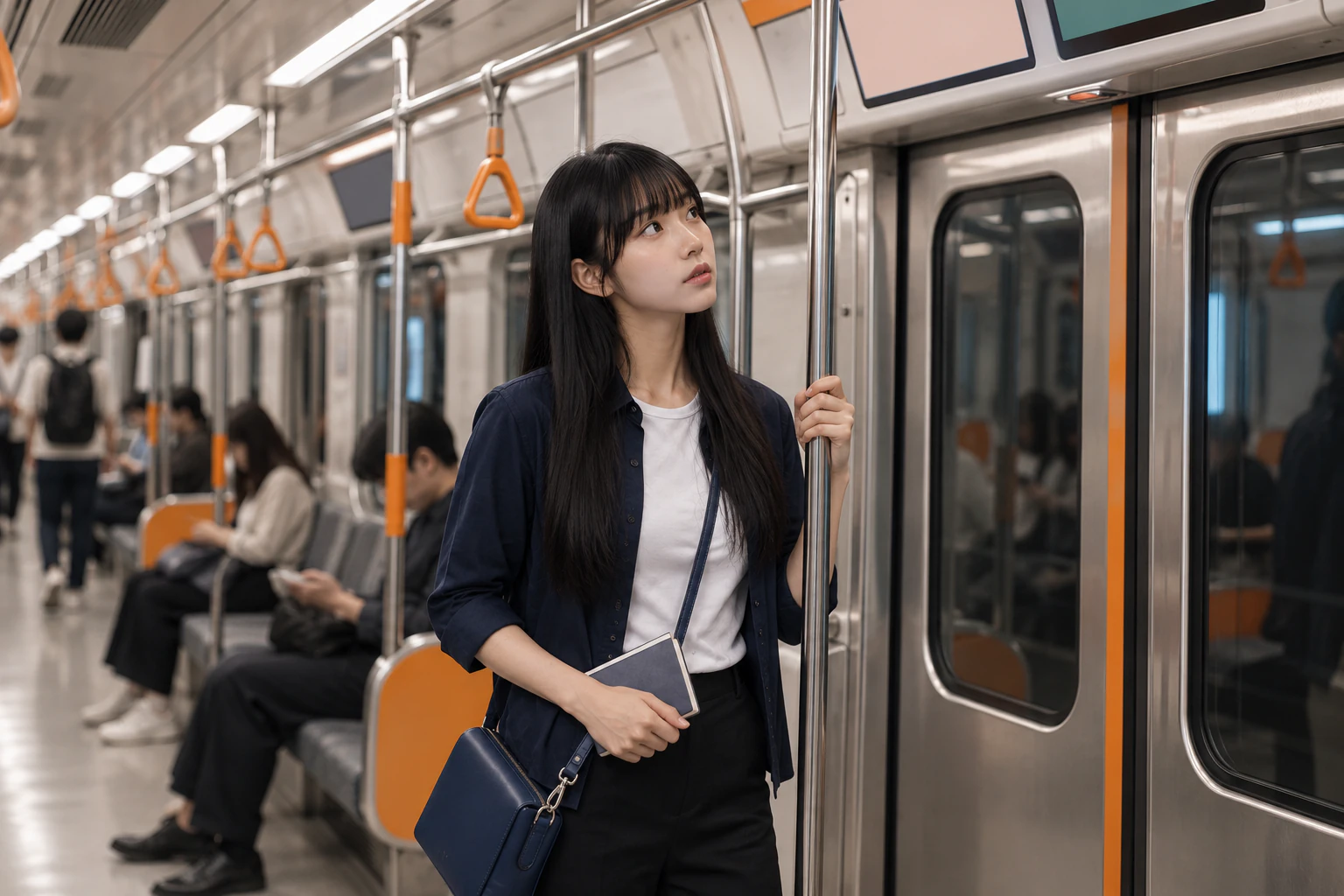 A woman with long straight black hair, wearing a white T-shirt under an open deep-navy overshirt, stands by a subway door holding the pole and looks up at a blank screen above it. Editorial image.