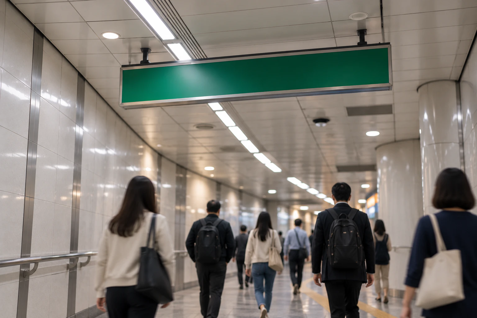 People seen from behind walking along a corridor under blank signs marked only with a green band. No text. Editorial image.