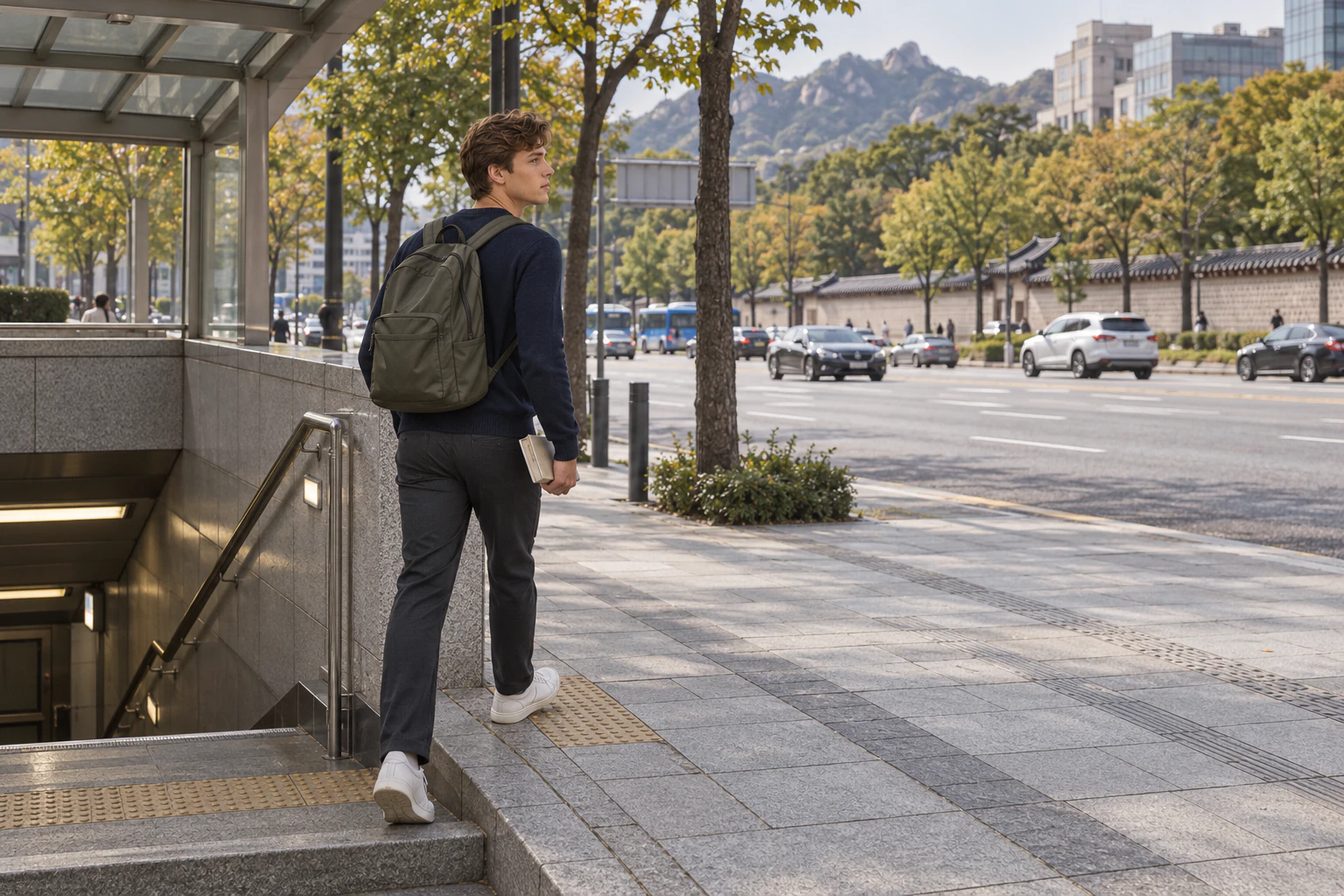남색 스웨터에 올리브색 백팩을 멘 곱슬머리 남성이 지하철 출구 계단을 올라 넓은 길가로 걸어 나가는 뒷모습. 편집 이미지.