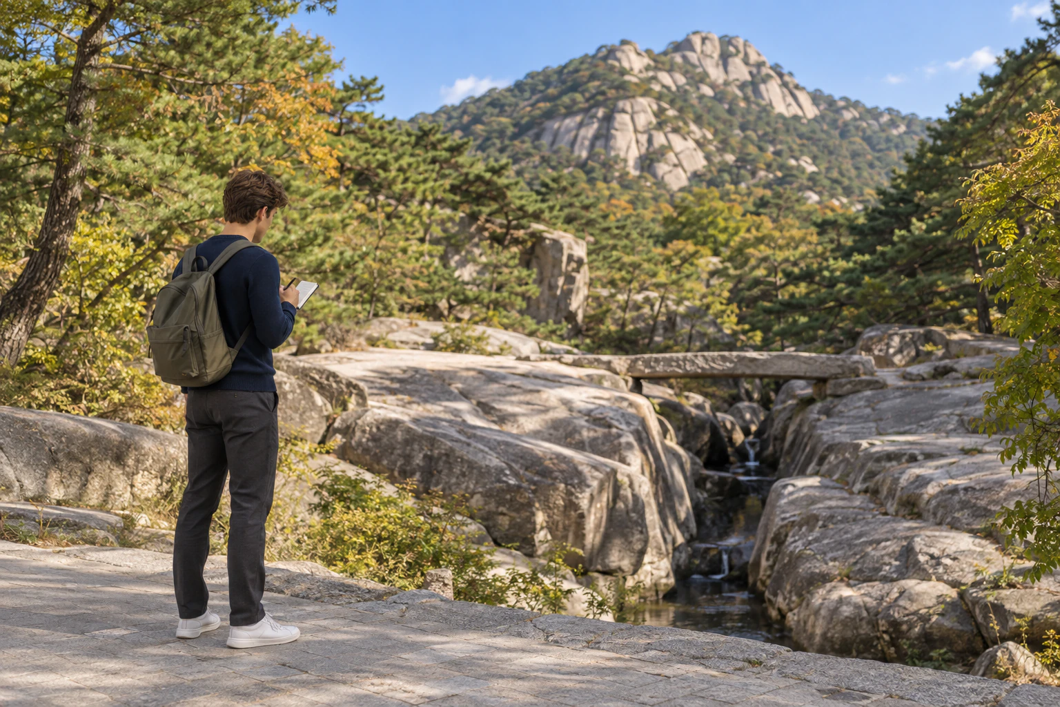 계곡 초입의 포장된 길 위, 바위에서 떨어져 서서 수첩에 적는 남성의 뒤쪽 3/4 모습, 앞으로 화강암 바위와 소나무. 편집 이미지.